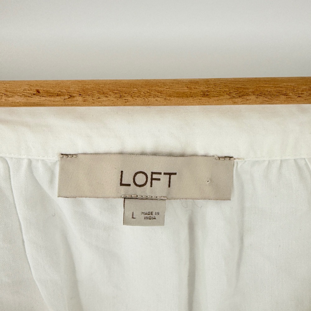 Loft Peasant Blouse White Large Embroidered V-Neck Puff Sleeve Cotton Blend - Picture 3 of 8